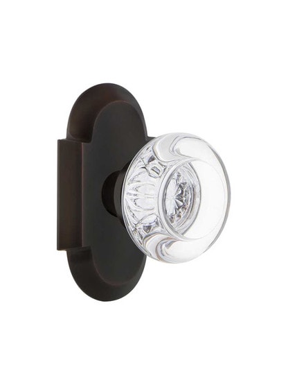 Arched Rosette Door Set with Round Clear-Crystal Glass Knobs in Timeless Bronze.